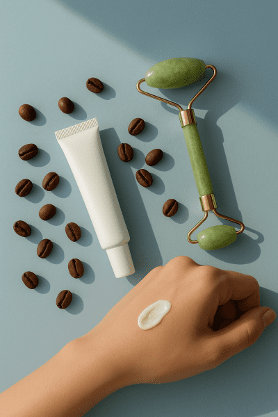 Minimal tube of caffeine and niacinamide eye cream, jade roller, coffee beans, and a dab on a hand on a blue surface.
