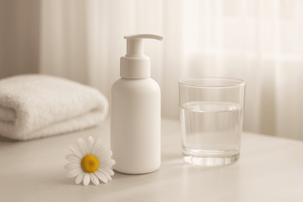Fragrance-free eye moisturizer pump bottle with chamomile, glass of water, and a soft towel on a sunlit vanity.