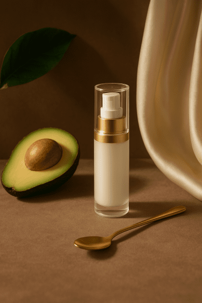 Retinol eye cream pump bottle with avocado, gold spoon, green leaf, and silk scarf on taupe.