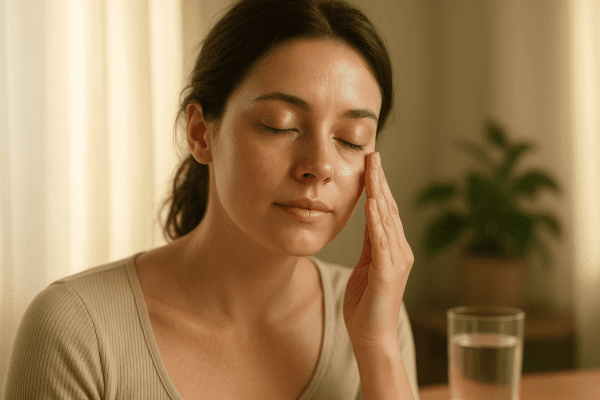 A woman pats under her eyes in soft golden morning light, showing mild puffiness, with a glass of water and green plant in the background.