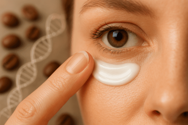 Macro of a fingertip applying eye cream under the eye, with coffee beans and peptide helix shapes in the background.