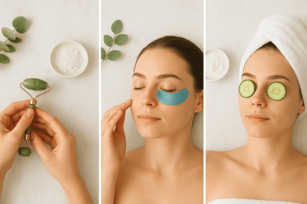 Flat lay triptych showing a jade roller massage, hydrogel eye patch application, and cucumber slices for puffy eyes on a marble surface.