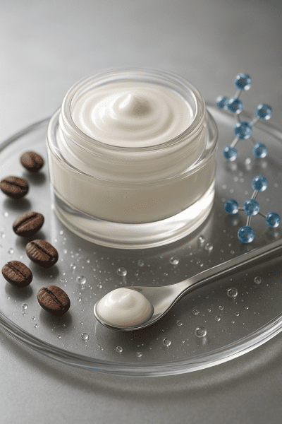 Close-up of open eye cream jar on glass tray with spatula, coffee beans, blue-silver peptide molecules, and water droplets around.
