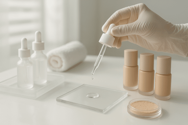 A dermatologist\u2019s gloved hand uses a dropper to apply serum onto a glass palette among clean, minimalist makeup products on a clinical vanity.