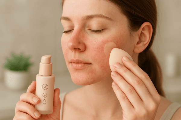 A model with mild rosacea applies hypoallergenic foundation with a sponge in a softly lit, minimalist bathroom setting.