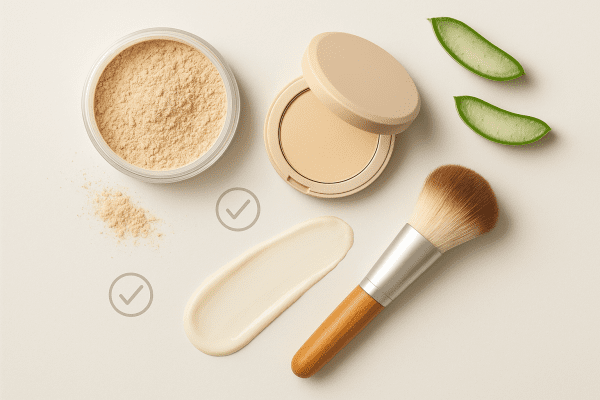 Flat lay of non-comedogenic powder, mineral sunscreen, and aloe slices on a smooth, bright surface.