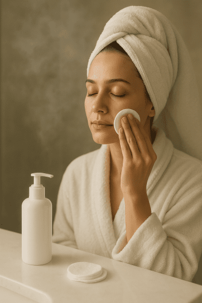 A person in a towel gently removes makeup in a softly lit bathroom, using a cotton pad and fragrance-free cleanser.