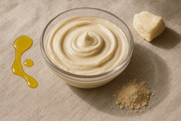 Glass bowl of creamy mask with argan oil, shea butter, protein powder on linen.