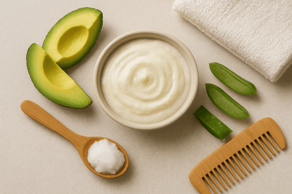 Hair mask with avocado, coconut oil, aloe, towel, comb in spa arrangement.