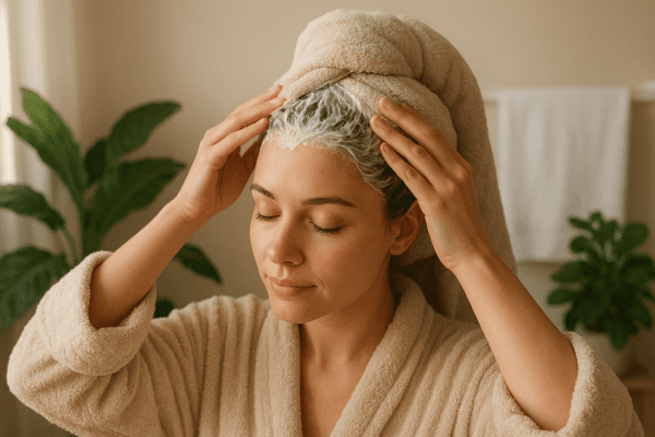 Woman with head towel applying hair mask, plants and towels in background.
