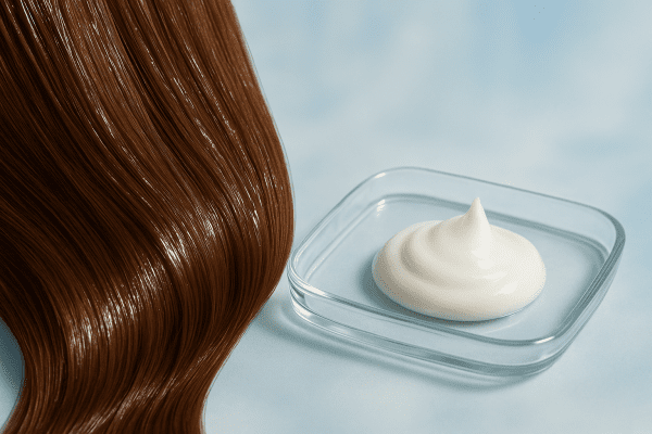 Macro of hydrated hair, glossy mask, glass tray, blue-white background.