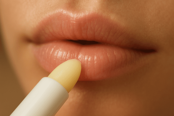 Extreme close-up of hydrated lips with creamy lip balm being applied, showing smooth, supple texture and a natural gleam.