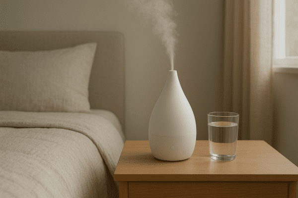 A modern humidifier releasing mist beside a glass of water on a nightstand in a tranquil bedroom.