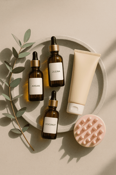 Flat lay of natural oil bottles, an elegant conditioner, and a pastel scalp massager on a stone tray with eucalyptus.