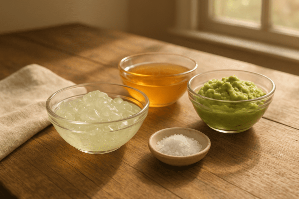 Glass bowls of aloe vera gel, honey, and avocado on a rustic wooden kitchen counter, with linen napkin and sea salt dish.