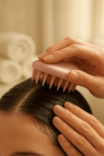 Macro close-up of hands using a pastel scalp brush to gently exfoliate a freshly washed, damp scalp with water droplets.