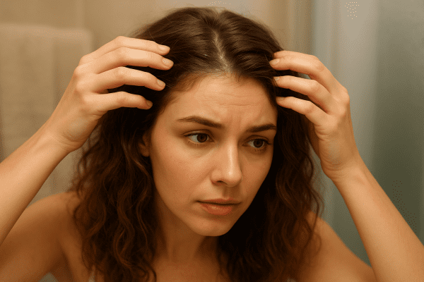 Woman with wavy hair examining her scalp for dryness in a softly lit bathroom mirror.