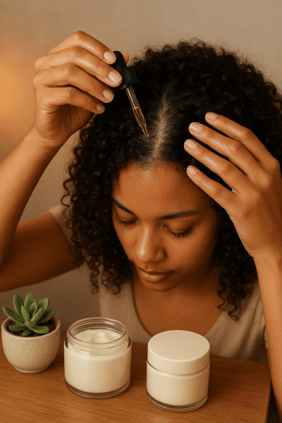 Person with curly hair applying argan oil to scalp, hair mask and conditioner jars nearby.