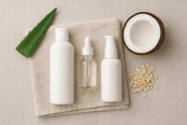 Flat lay of unbranded scalp care products and natural ingredients on linen towel.