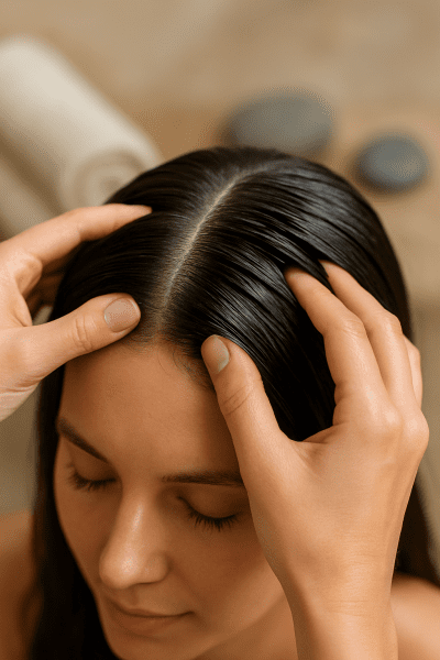Hands massaging moisturized scalp with spa towels and stones in background.