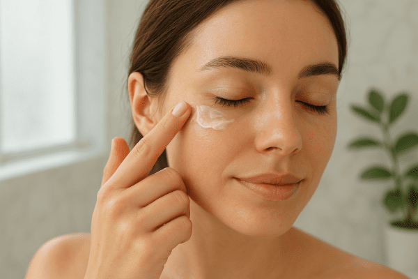 A woman gently pats hydrating eye cream under her eyes in a sunlit bathroom, showing smooth, moisturized skin.
