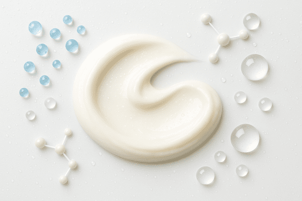 Macro image of creamy eye cream with stylized hyaluronic acid beads, squalane droplets, and ceramide molecules.