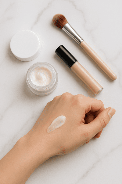 Flat lay of open eye cream jar, cream dabbed on hand, and makeup tools on a white marble vanity.