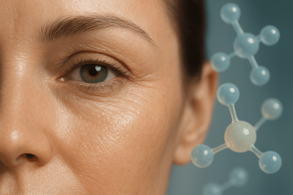 Macro shot of woman's hydrated eye area with visible fine lines, molecular models softly overlaid in the background.