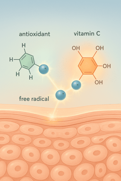 Digital illustration of antioxidants and vitamin C molecules protecting under-eye skin cross-section with luminous highlights.