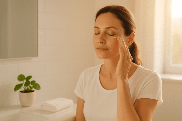 Woman calmly applying eye cream in a sunlit, minimalist bathroom with green plant and towel on the counter.