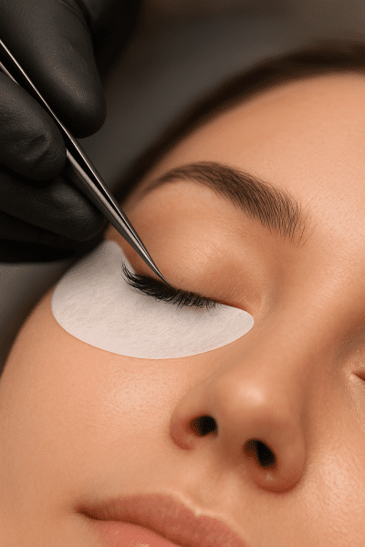 Lash artist\u2019s gloved hands precisely applying a single extension to a client\u2019s natural lash with tweezers.
