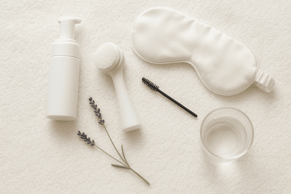 Lash aftercare products including cleanser, brush, silk sleep mask, and lash wand on a plush towel with lavender.