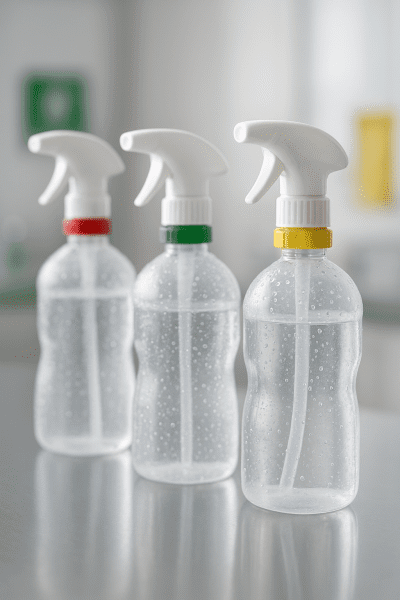 Close-up of state-of-the-art eye wash bottles with ergonomic, color-coded nozzles and visible safety valves on a pristine lab counter.