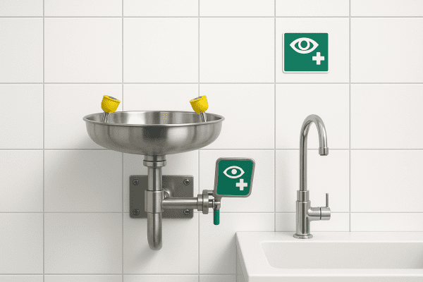 Stainless steel eyewash station and lab faucet, both cleanly installed on a spotless tiled wall, with clear access in a tidy lab.