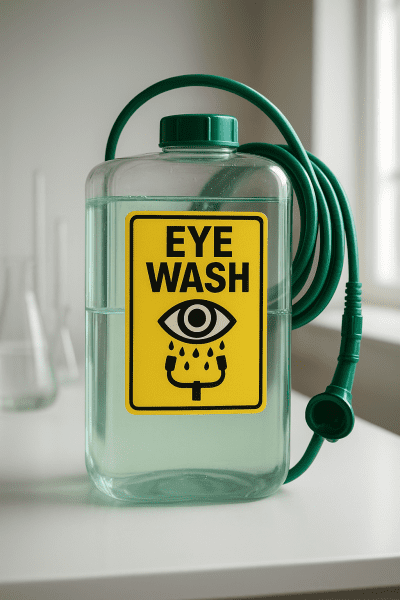 Gravity-fed eye wash tank with visible fluid and coiled hoses on a clean lab bench, with glassware and pipettes in the background.