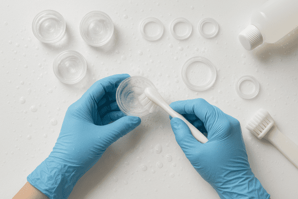 Gloved hands cleaning eye wash cups and gaskets with a brush on a white antimicrobial mat, with water droplets and foam.