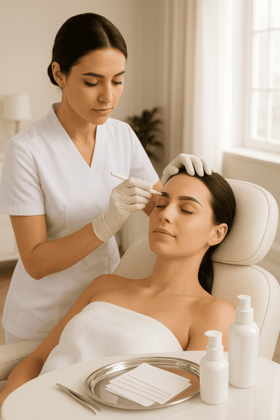 An esthetician in gloves precisely mapping a client's brows with a white pencil in a sunlit, spotless salon.