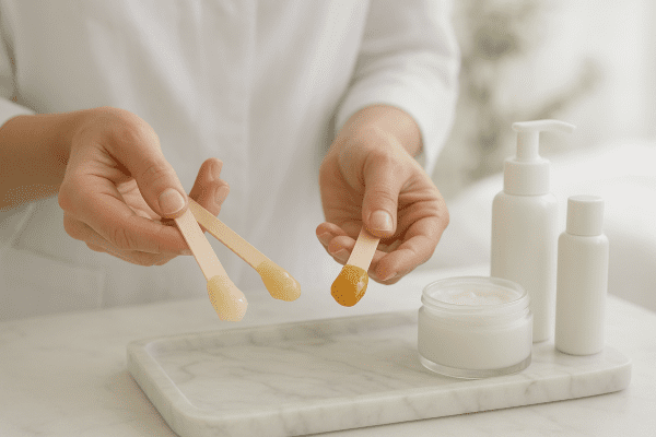 Hands presenting soft and hard wax on sticks above a marble tray with sensitive skincare, spa background.