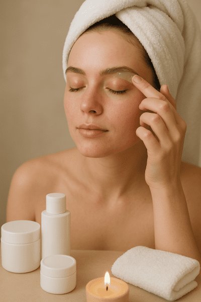 Client gently applies aloe gel to eyebrows after waxing, with post-care creams and a candle nearby.