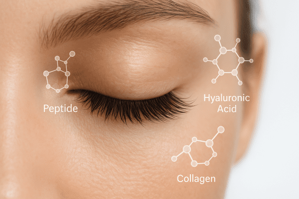 Macro of a woman's eye with long healthy lashes, surrounded by soft overlays of peptide, hyaluronic acid, and collagen molecules.