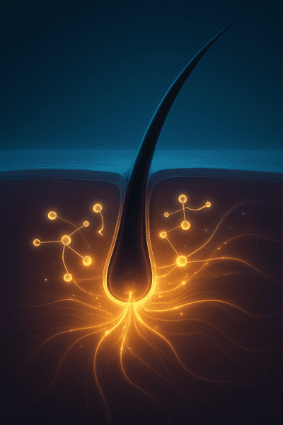 Stylized cross-section of eyelash follicles with glowing peptides stimulating the root, highlighted by dynamic energy trails.