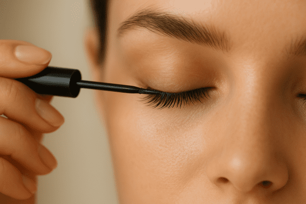 Close-up of a hand applying eyelash serum with a precise brush along the upper lashes in a soft, everyday beauty routine.