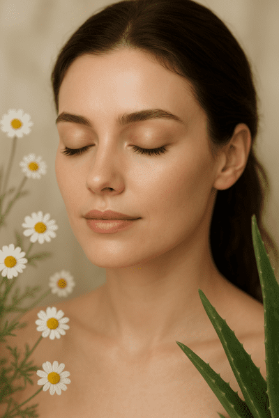 Soft portrait of a woman with smooth skin and lush lashes, surrounded by chamomile flowers and aloe leaves.