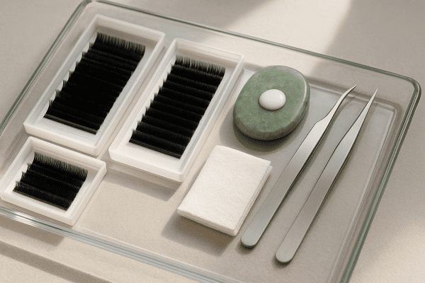 Assorted premium eyelash extension materials, adhesives, and tweezers arranged on a glass tray.
