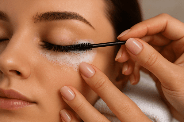 Woman gently brushing eyelash extensions with a mascara wand and cleanser nearby.