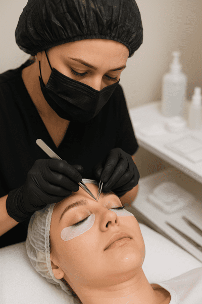 Technician with gloves and mask applies lashes using sterile tools in a bright salon.