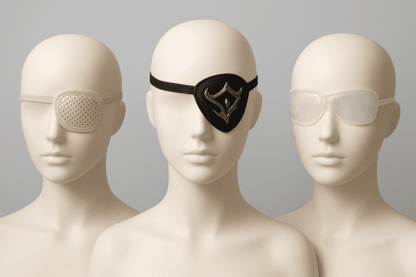 Three mannequin busts, each wearing a different eyepatch: medical mesh, metallic cosplay, and clear gel.