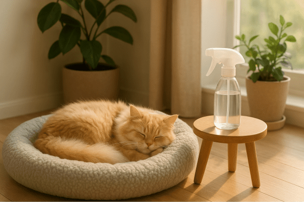 Cat lounging on a pet bed with a pet-safe fabric spray and indoor plants nearby.