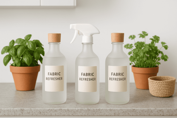 Frosted glass fabric spray bottles with cork tops and herbs on a kitchen counter.
