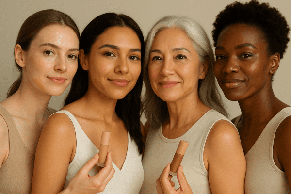 A range of women with varying skin tones swatch face tint shades on their jawlines, showcasing undertone matching.